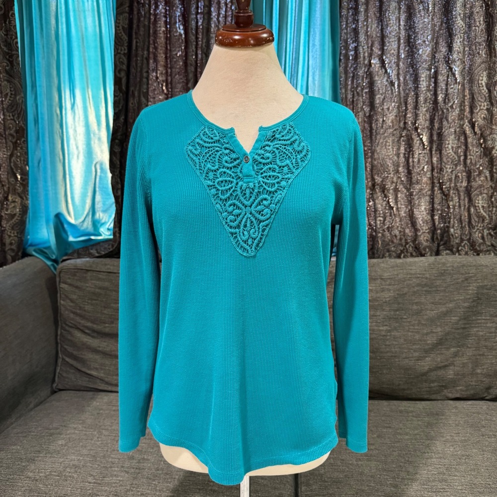 Faded Glory Cotton Blend Teal Waffle Knit Thermal Top Crochet Lace V-Neck Size L